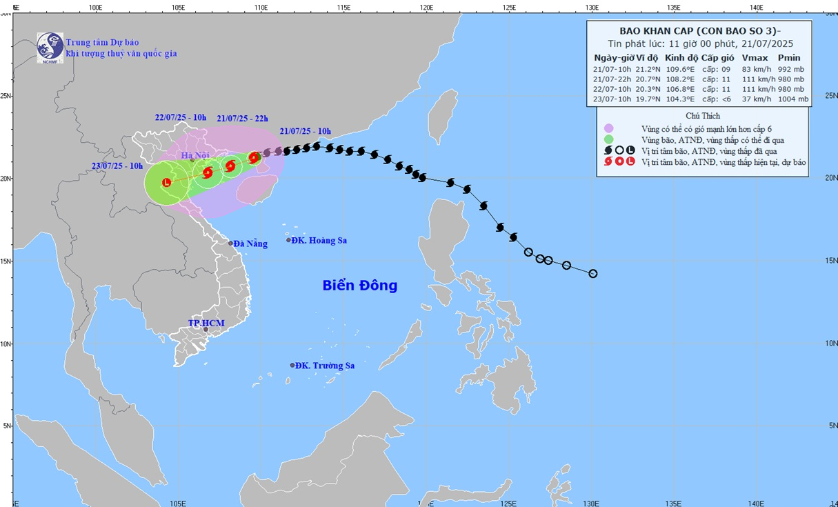 Bão số 3 đi vào vịnh Bắc Bộ, giật cấp 11, cách Quảng Ninh 190km